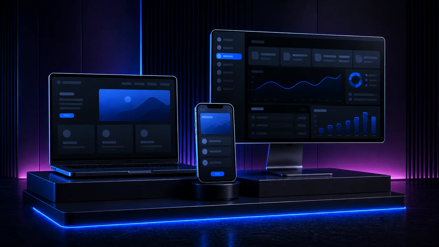 Website, aplicativo e dashboard apresentados juntos em um showroom