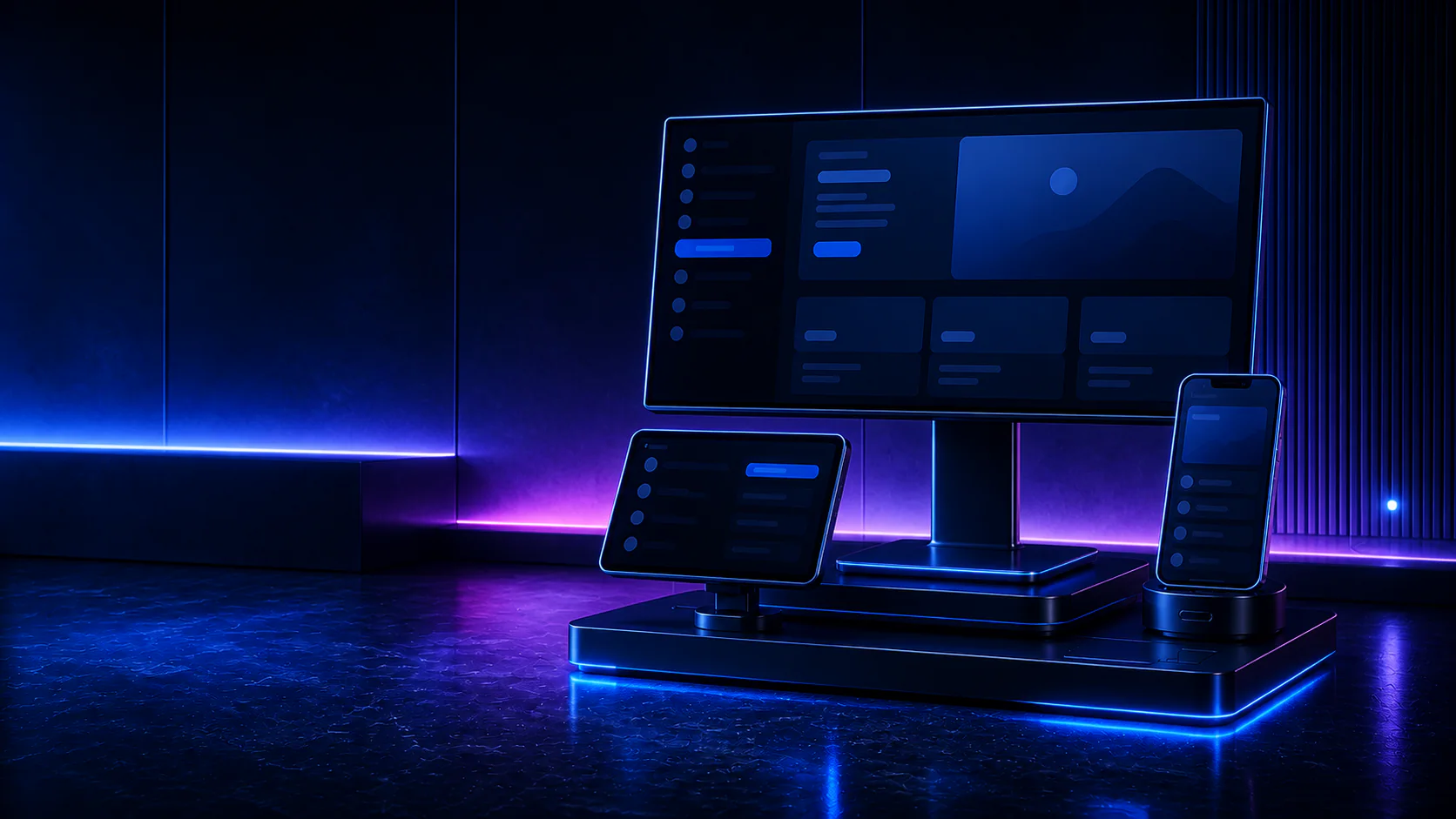 Website, aplicativo e sistema web apresentados em um showroom noturno